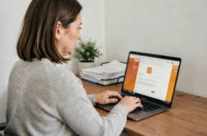 Femme utilisant le portail Orange Mail sur un ordinateur portable dans un bureau à domicile moderne