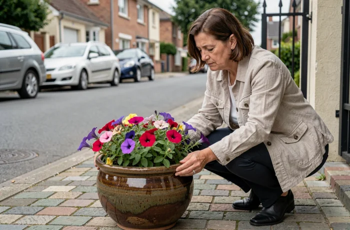 Femme installant un pot de fleurs sur le trottoir devant son portail pour réserver une place de stationnement