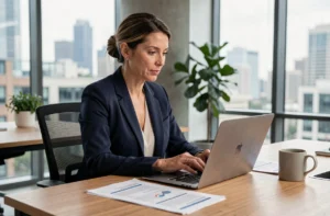 Femme professionnelle consultant des sources d'actualités business sur un ordinateur portable dans un bureau moderne