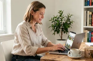 Femme consultant des annonces immobilières sur un ordinateur portable dans un bureau à domicile chaleureux