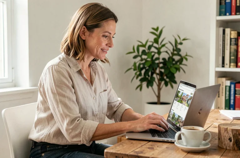 Femme consultant des annonces immobilières sur un ordinateur portable dans un bureau à domicile chaleureux