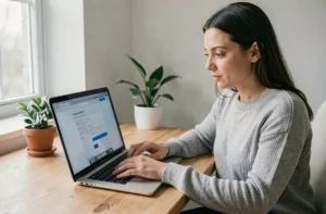 Femme consultant les informations de contact d'un site web sur un ordinateur portable dans un bureau à domicile