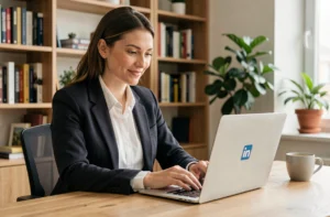 Femme professionnelle mettant à jour son profil LinkedIn sur un ordinateur portable dans un bureau à domicile moderne