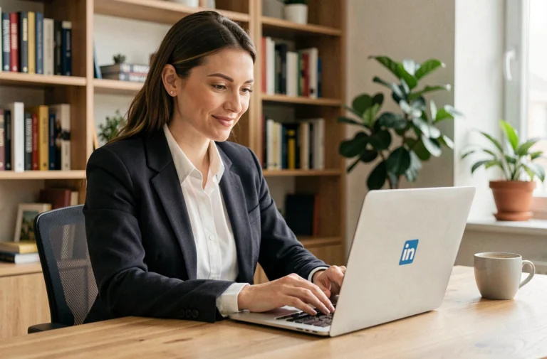 Femme professionnelle mettant à jour son profil LinkedIn sur un ordinateur portable dans un bureau à domicile moderne
