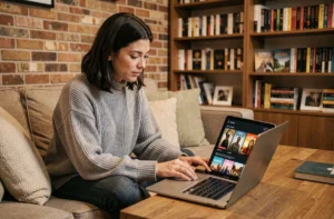 Femme naviguant sur une plateforme de streaming depuis son canapé pour trouver des films et séries à regarder