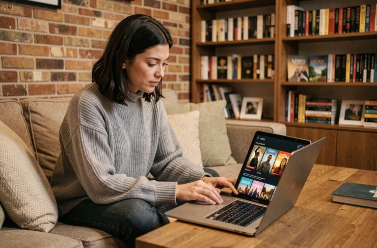 Femme naviguant sur une plateforme de streaming depuis son canapé pour trouver des films et séries à regarder