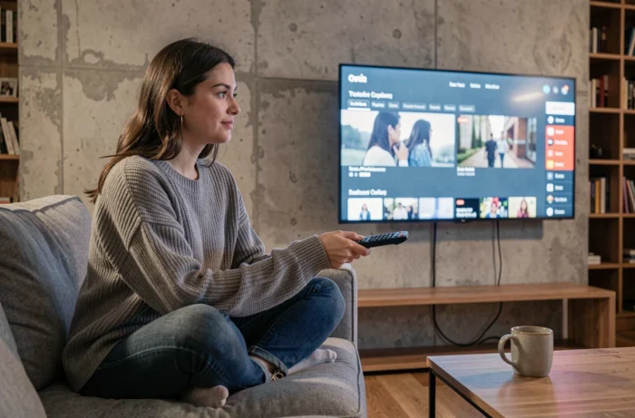 Femme regardant un service de streaming alternatif sur sa télévision dans un salon moderne et confortable