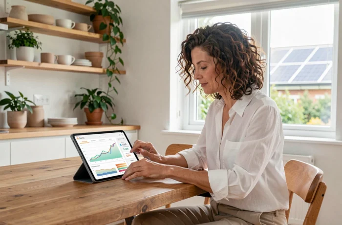Donna che consulta dati di produzione solare su un tablet in una cucina moderna, gestione dell'autoconsumo energetico a casa