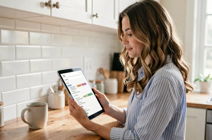 Donna che consulta una mappa del sito su un tablet in una cucina moderna e luminosa