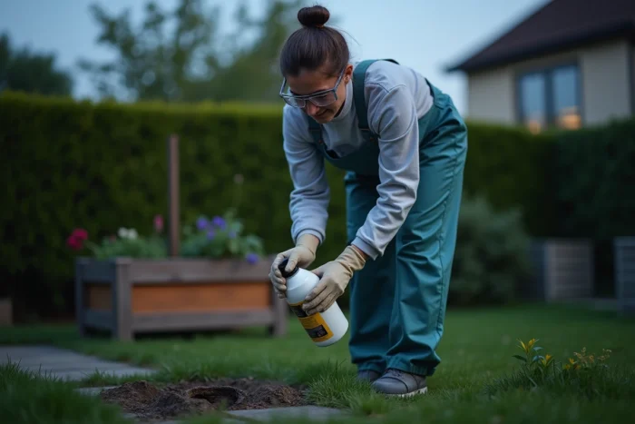 Femme appliquant un traitement insecticide sur un nid de guêpes dans le sol de son jardin au crépuscule