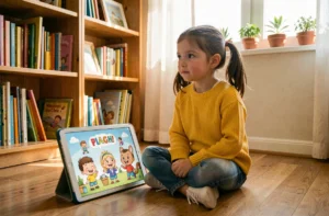 Fillette de 8 ans utilisant une tablette éducative colorée dans sa chambre pour découvrir des sites ludiques pour enfants