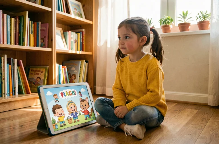Fillette de 8 ans utilisant une tablette éducative colorée dans sa chambre pour découvrir des sites ludiques pour enfants