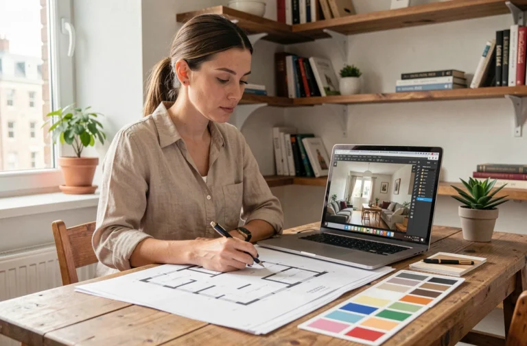 Femme étudiant l'architecture d'intérieur à distance depuis son bureau à domicile avec des plans et un logiciel de design