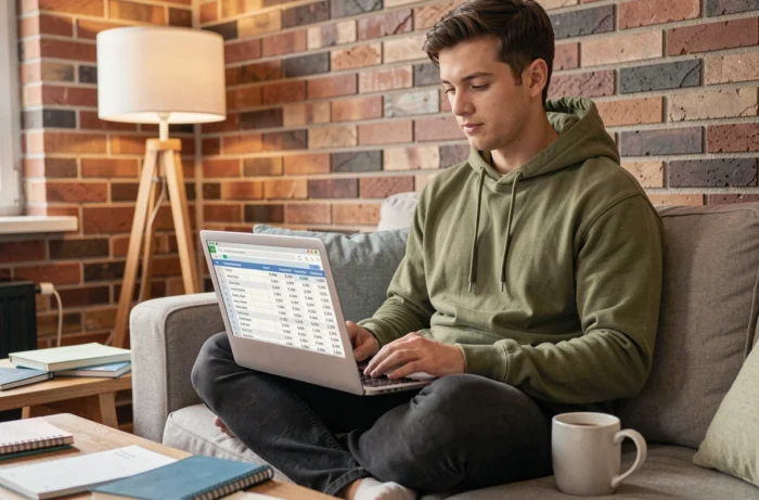 Giovane freelance che calcola le sue ore di lavoro su un computer portatile dal suo divano a casa