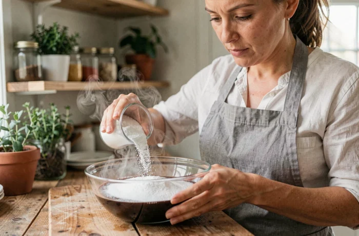 Femme versant du bicarbonate dans un bol pour créer une réaction fumante spectaculaire dans sa cuisine