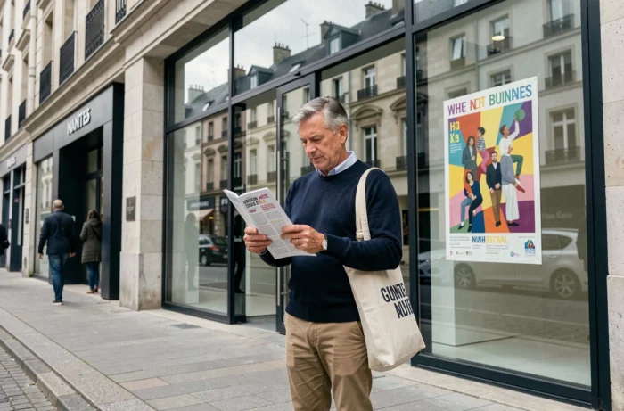 Uomo che consulta il programma di una galleria d'arte contemporanea a Nantes, davanti a una facciata vetrata urbana