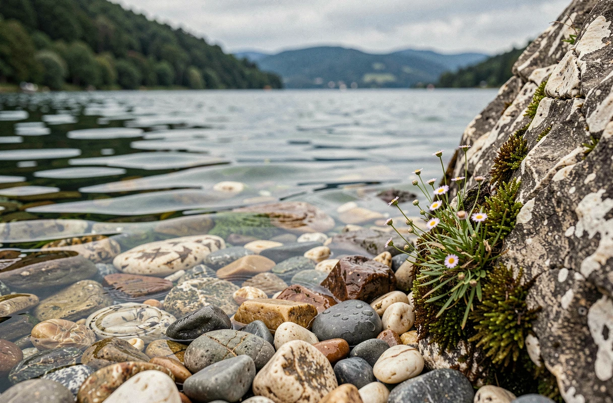 Détail de galets et végétation sauvage au bord de l'eau dans une crique secrète du lac du Bourget