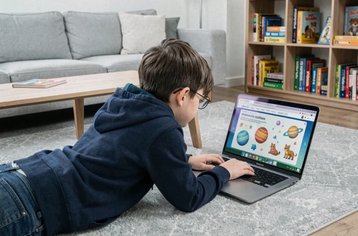 Ragazzo con occhiali sdraiato su un tappeto ed esplorando un sito educativo di scienze sul suo computer portatile a casa