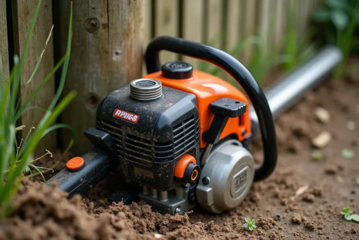 Gros plan sur une débroussailleuse thermique professionnelle posée contre un piquet en bois dans un jardin après utilisation