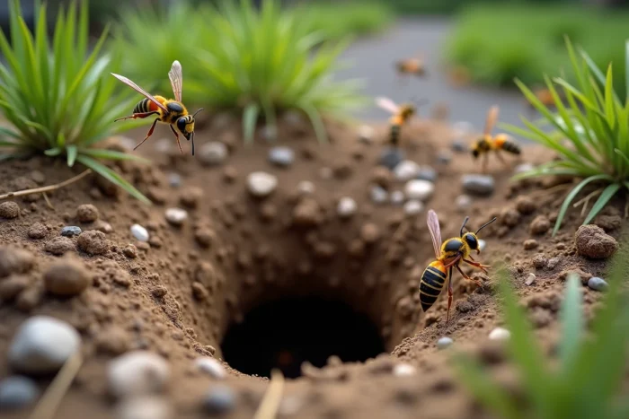 Gros plan sur l'entrée d'un nid de guêpes souterrain dans un sol de jardin avec des guêpes en vol