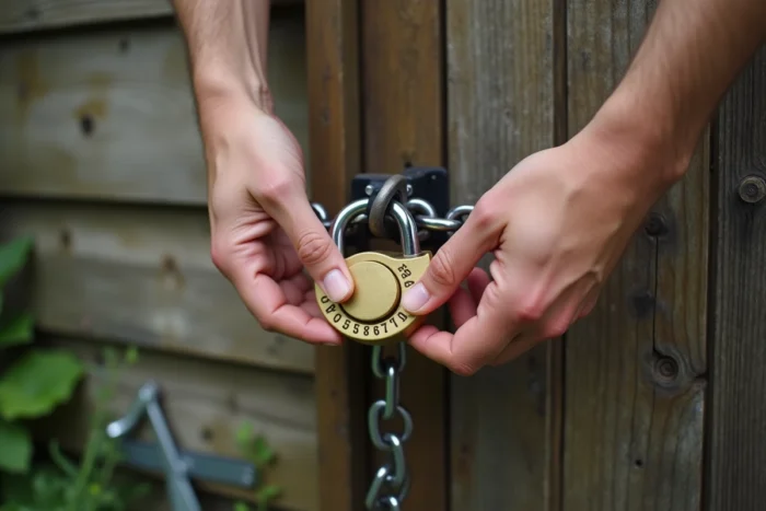 Gros plan de mains tournant les molettes chiffrées d'un antivol vélo à combinaison en cadenas