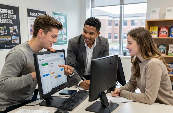 Gruppo di giovani professionisti che consultano una piattaforma di ricerca di lavoro online in un centro di carriera universitario