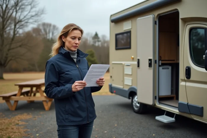 Femme consultant un guide de codes erreur Truma à côté d'un camping-car en extérieur
