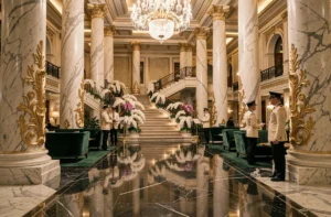 Hall majestueux d'un hôtel 8 étoiles avec colonnes en marbre doré, escalier monumental et décoration florale luxueuse