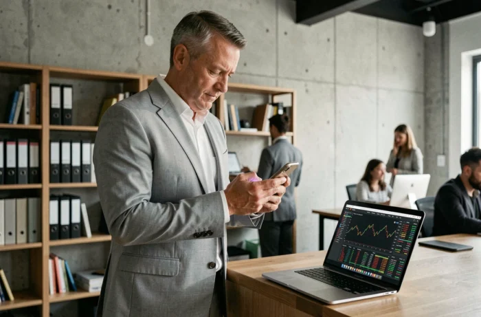 Homem de negócios consultando as notícias financeiras em um smartphone em um espaço de coworking contemporâneo