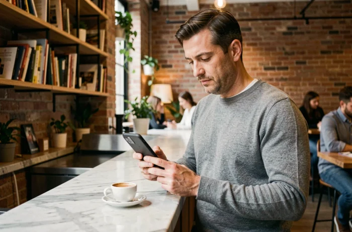 Businessman consulting business advice on smartphone in a trendy café