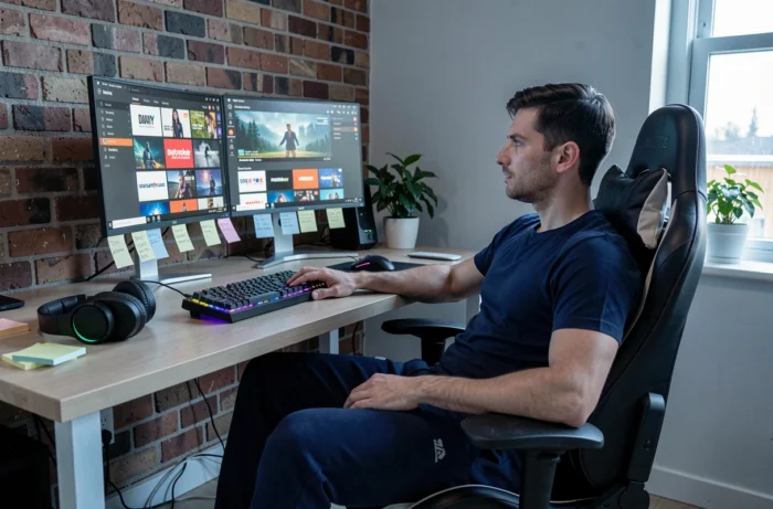 Uomo che esplora alternative di streaming di film sul suo computer in un ufficio a casa