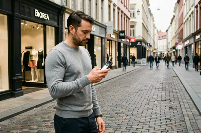 Homme d'affaires utilisant une application mobile pour trouver les meilleures adresses commerciales dans une rue commerçante animée
