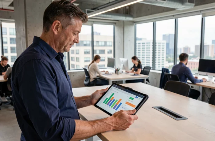 Uomo che utilizza un'applicazione di monitoraggio del tempo su tablet in un ufficio open space moderno