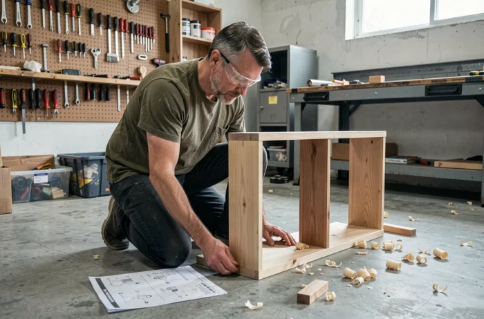 Mann montiert ein Holzregal in einer Werkstatt mit Werkzeugen an der Wand