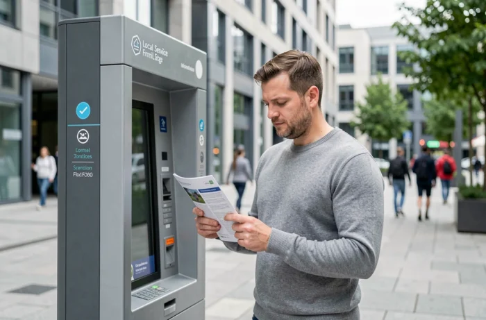 Homme lisant une brochure d'information sur les services de La Fantaisie devant un kiosque en ville