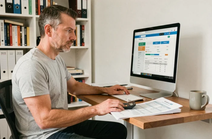 Man consulting real estate loan rates on a computer in his home office