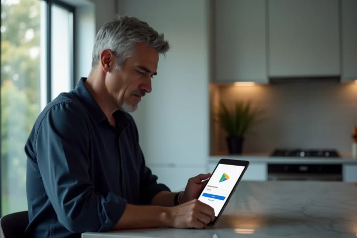 Homme configurant un compte Google sur une tablette Android dans une cuisine moderne