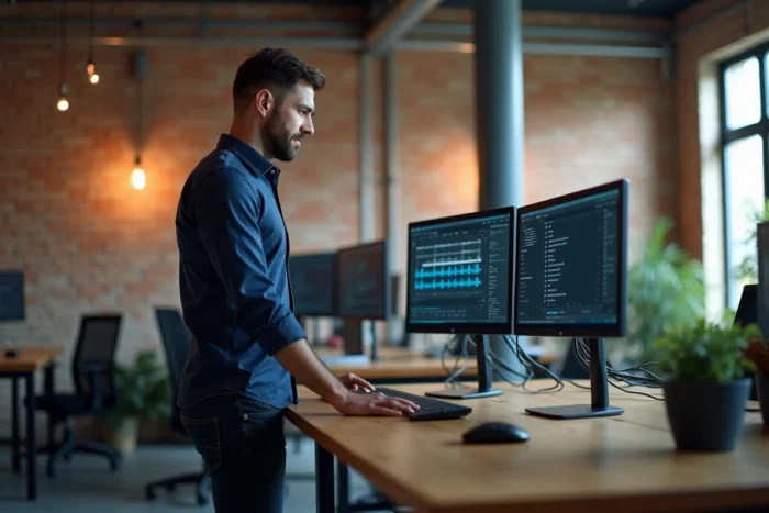 Professionnel masculin utilisant un outil de conversion audio sur double écran dans un espace de coworking moderne
