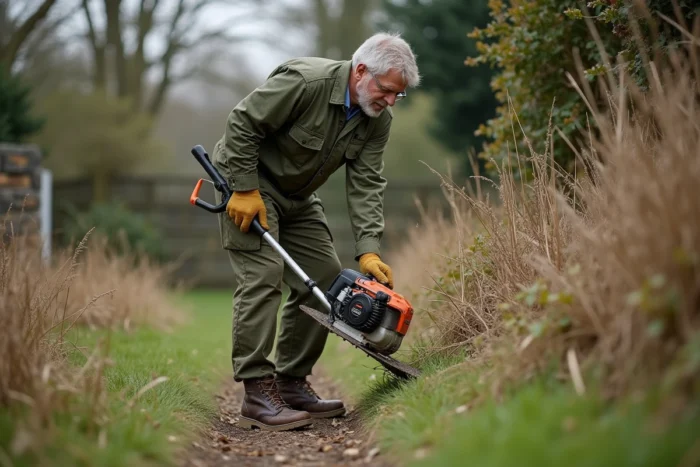 Homme utilisant une débroussailleuse thermique pour entretenir les bordures d'un jardin en pente envahi par les mauvaises herbes