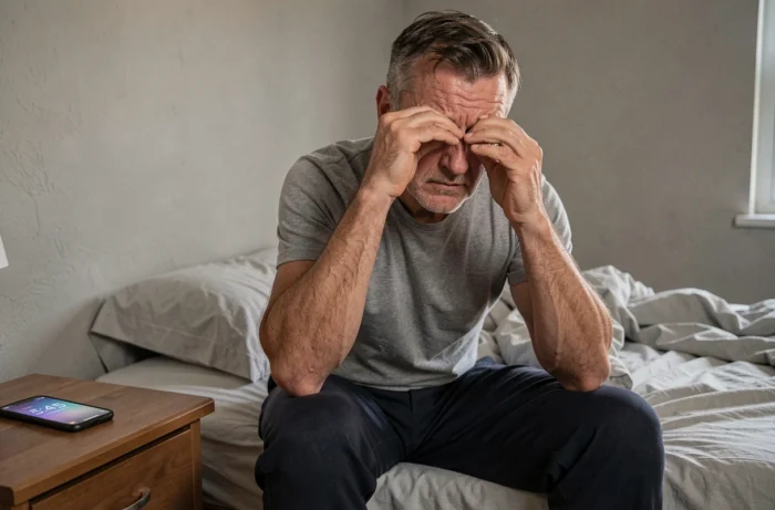 Homme fatigué assis sur le bord du lit tôt le matin symbolisant le manque de sommeil et ses effets sur la santé