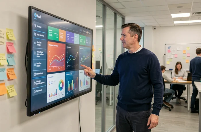 Man presenting digital innovations and news on an interactive screen in a creative lab