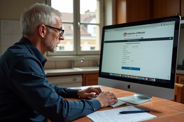 Homme âgé remplissant un formulaire d'inscription sur une plateforme d'échange immobilier entre particuliers depuis son domicile