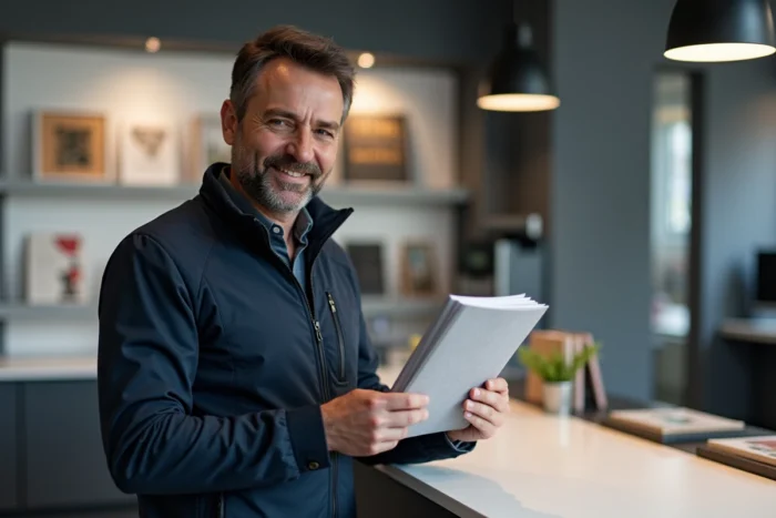 Homme tenant son livre imprimé dans une imprimerie professionnelle après une commande en ligne