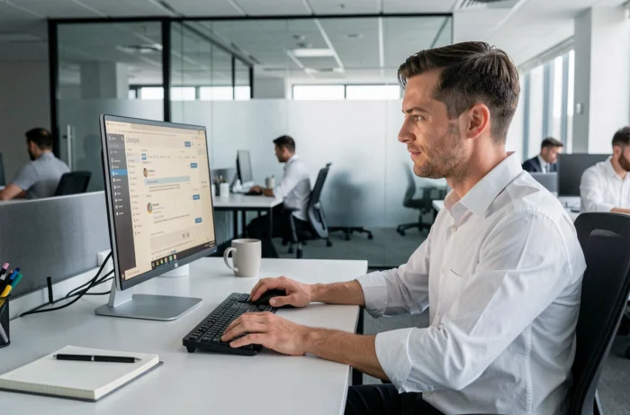 Uomo che accede alla sua messaggistica Orange Mail da un computer desktop in un ambiente professionale
