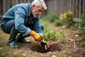 Homme en tenue de jardinage observant prudemment un nid de guêpes souterrain dans son jardin