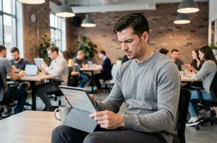 Uomo che consulta offerte di lavoro online su un tablet in uno spazio di coworking moderno