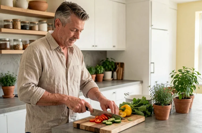 Homme préparant un repas sain à base de légumes frais dans une cuisine moderne pour une alimentation équilibrée