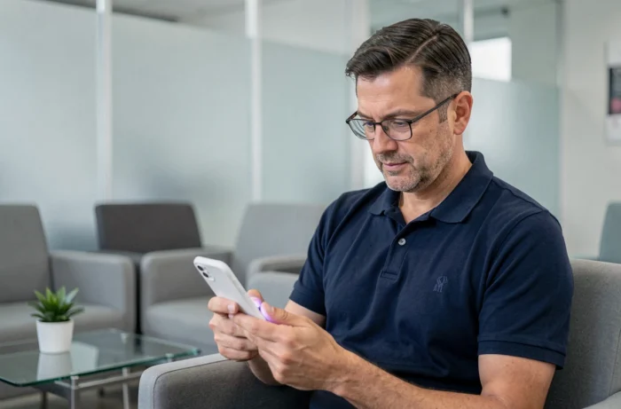 Homme lisant un guide de santé sur smartphone dans une salle d'attente médicale moderne