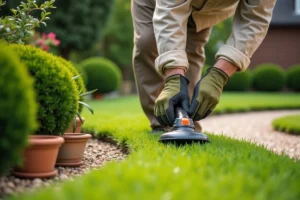 Homme utilisant un taille-bordure sans fil pour délimiter les bords d'une pelouse dans un jardin entretenu