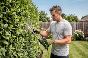 Homme utilisant un taille-haie électrique filaire pour tailler une haie verte dans un jardin entretenu